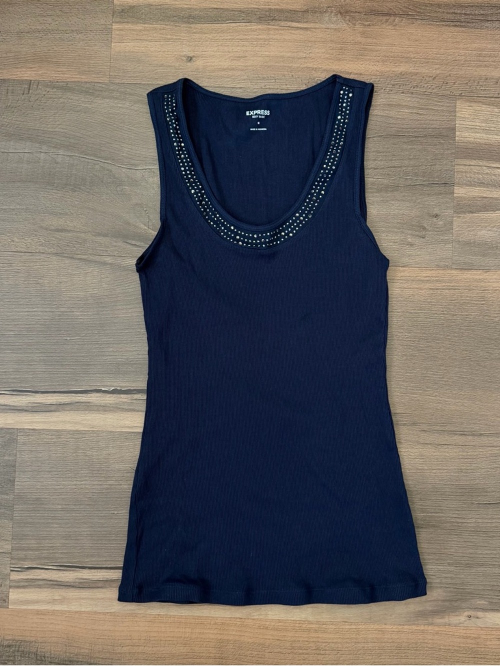 Y2K Express Sexy Basic Navy Blue Rhinestone Embellished Tank Top Size Medium